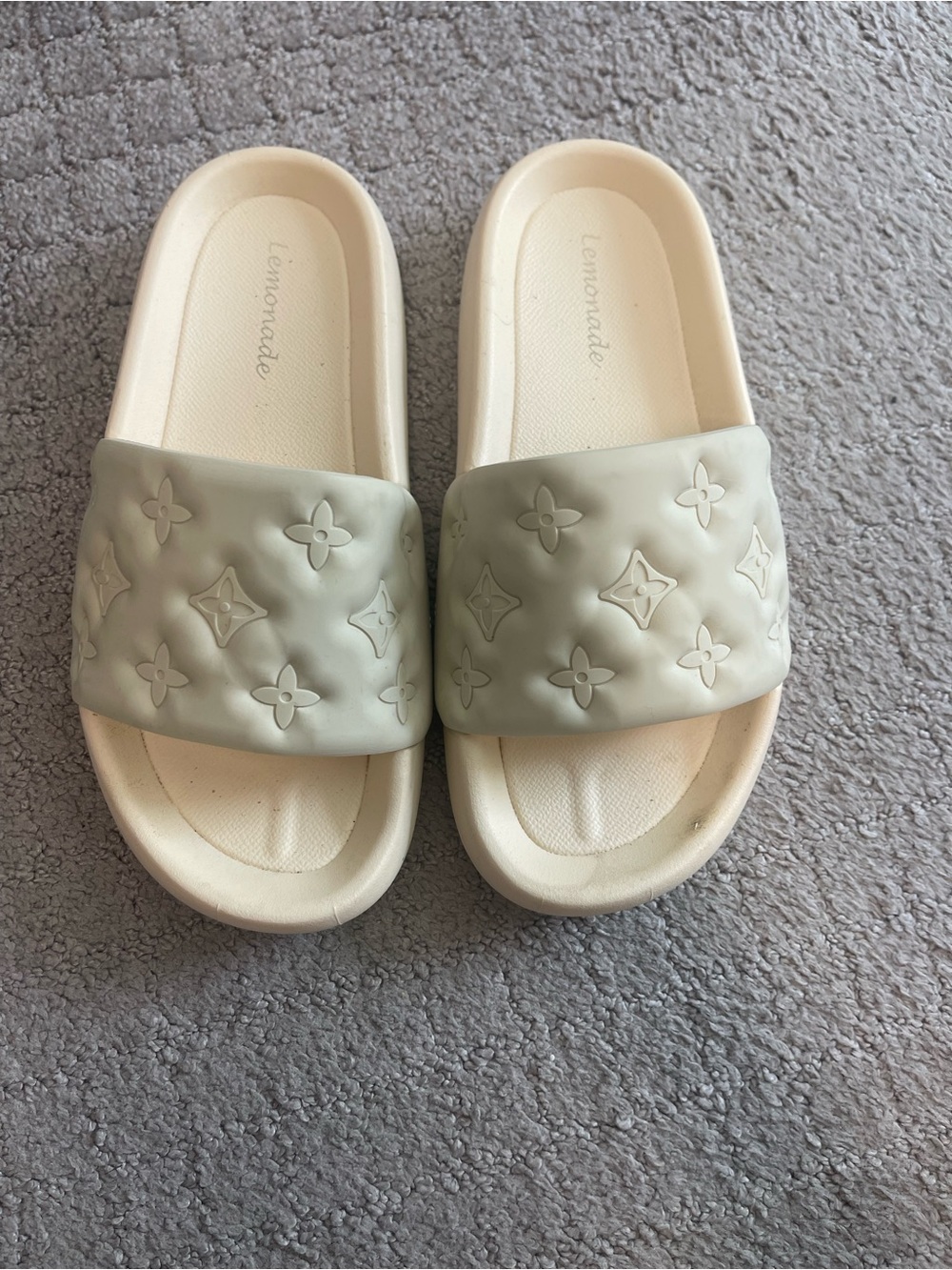 Lemonade Embossed Slide Sandals in Pale Sage and Cream